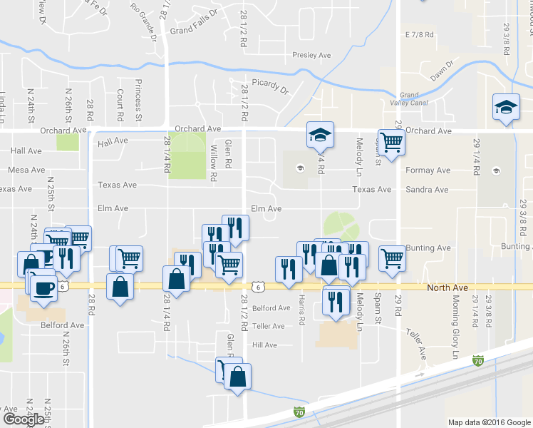 map of restaurants, bars, coffee shops, grocery stores, and more near 2856 Elm Avenue in Grand Junction