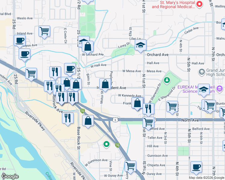map of restaurants, bars, coffee shops, grocery stores, and more near 436 Independent Avenue in Grand Junction