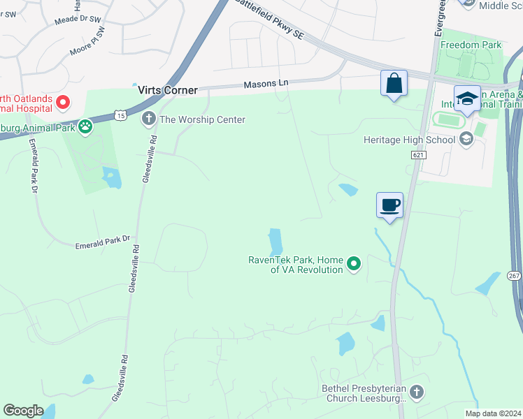 map of restaurants, bars, coffee shops, grocery stores, and more near 124 Petite Sirah Terrace Southeast in Leesburg