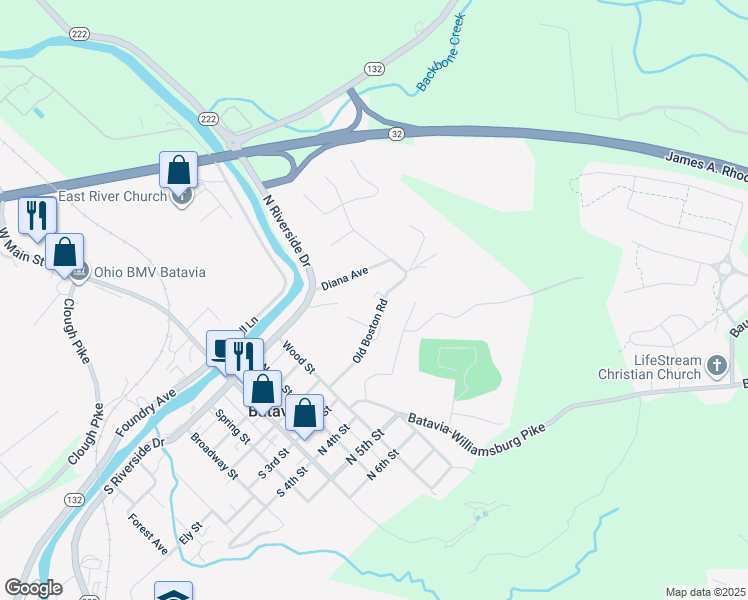 map of restaurants, bars, coffee shops, grocery stores, and more near 499 Old Boston Road in Batavia