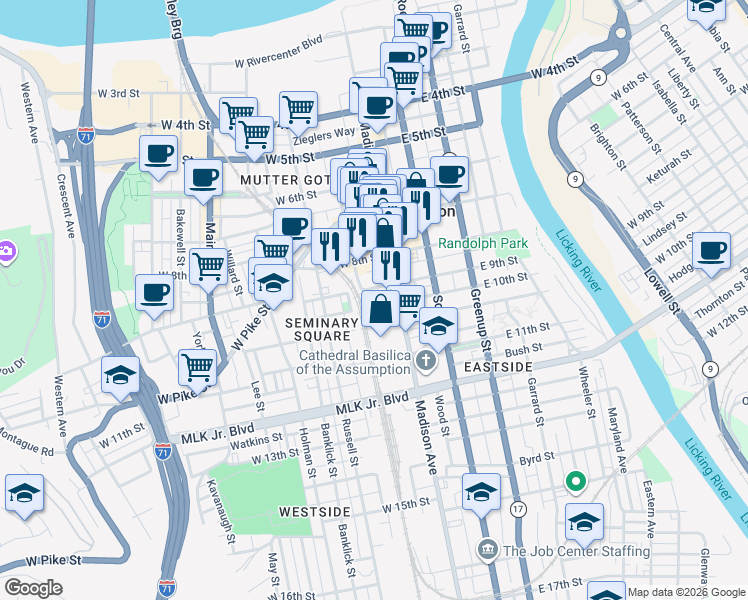 map of restaurants, bars, coffee shops, grocery stores, and more near 7 West 9th Street in Covington