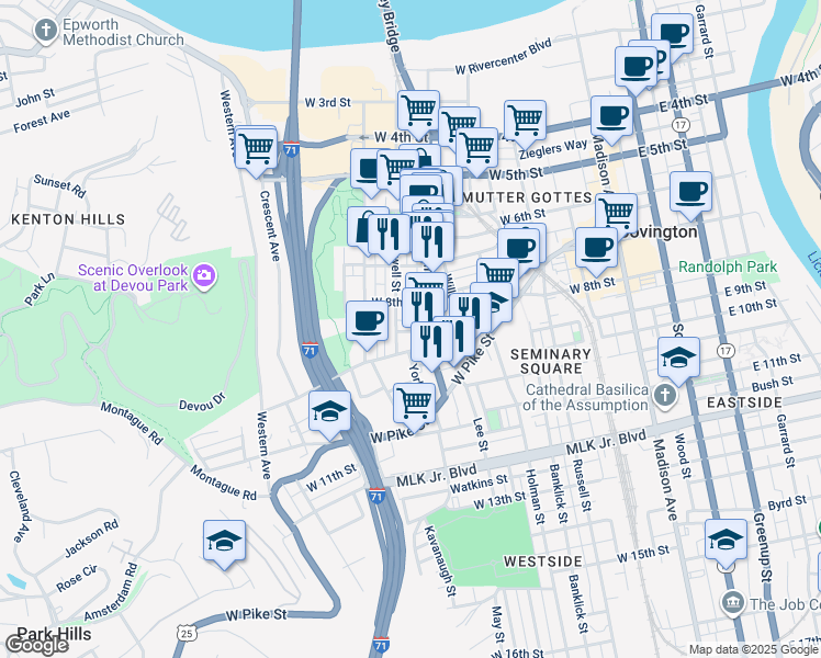 map of restaurants, bars, coffee shops, grocery stores, and more near 818 Main Street in Covington