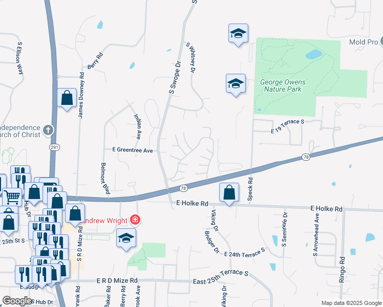 map of restaurants, bars, coffee shops, grocery stores, and more near 1835 Devonshire Place in Independence