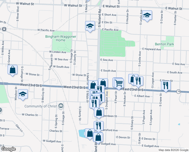 map of restaurants, bars, coffee shops, grocery stores, and more near 1006 South Noland Road in Independence