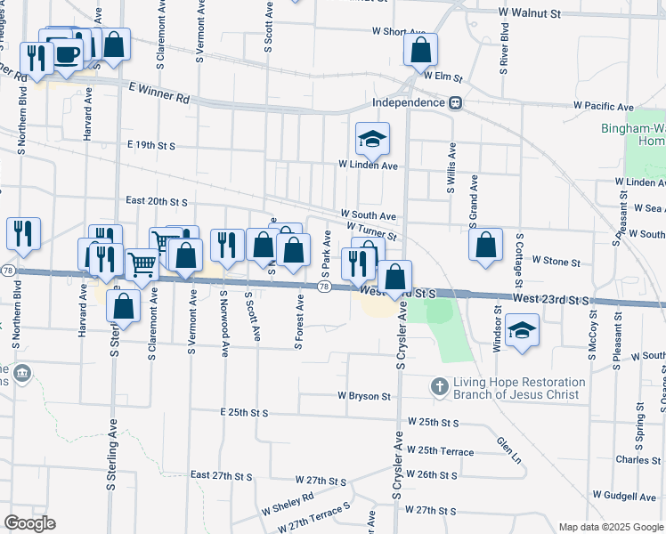 map of restaurants, bars, coffee shops, grocery stores, and more near 1101 South Park Avenue in Independence