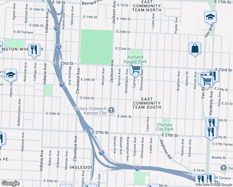 map of restaurants, bars, coffee shops, grocery stores, and more near 2432 Spruce Avenue in Kansas City