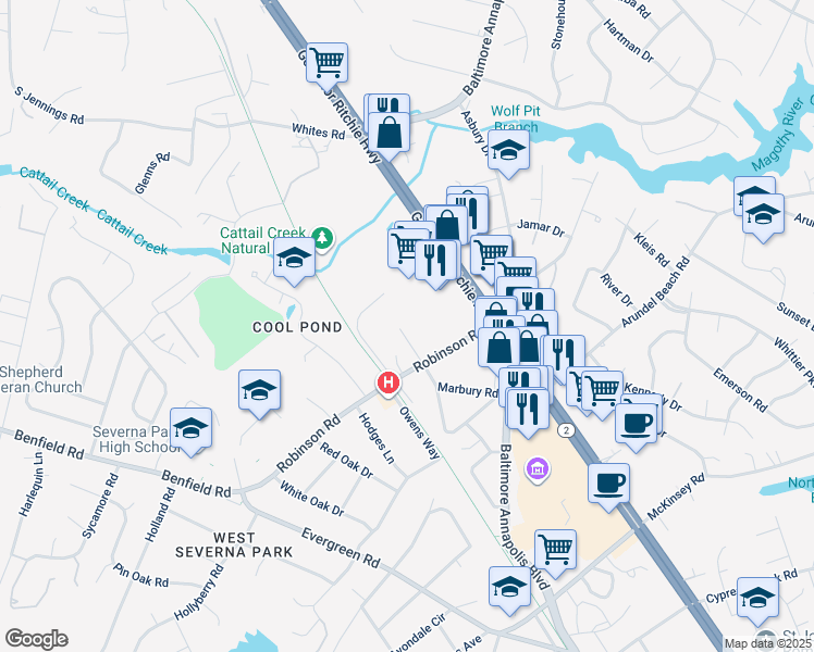 map of restaurants, bars, coffee shops, grocery stores, and more near 612 Robinson Place Court in Severna Park