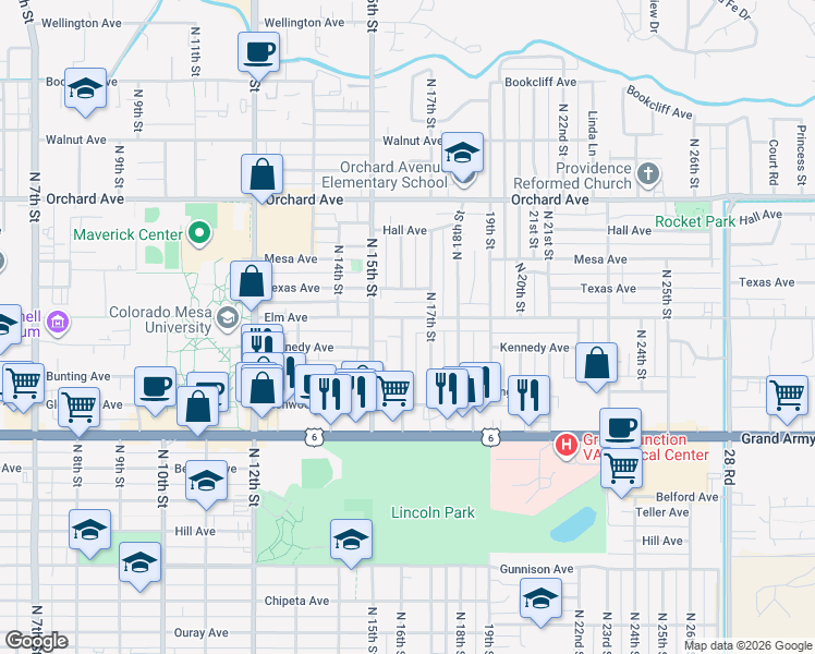 map of restaurants, bars, coffee shops, grocery stores, and more near 1657 Elm Avenue in Grand Junction