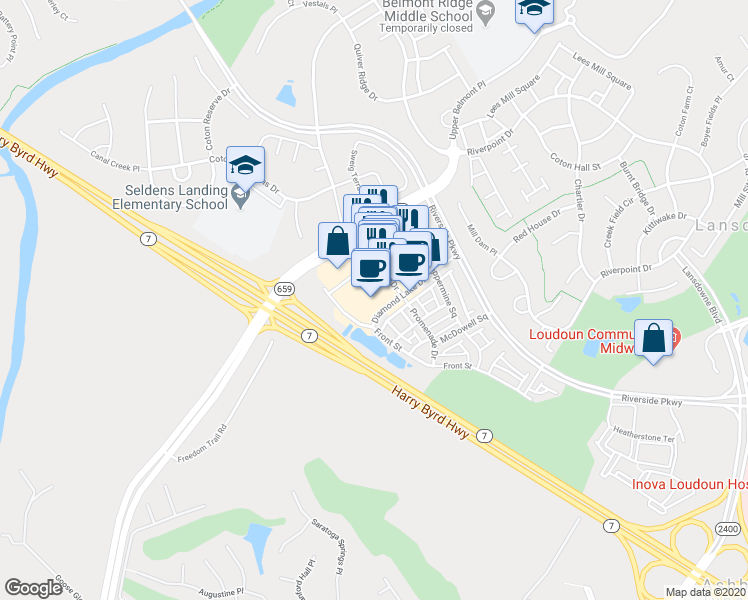 map of restaurants, bars, coffee shops, grocery stores, and more near 19350 Winmeade Drive in Leesburg