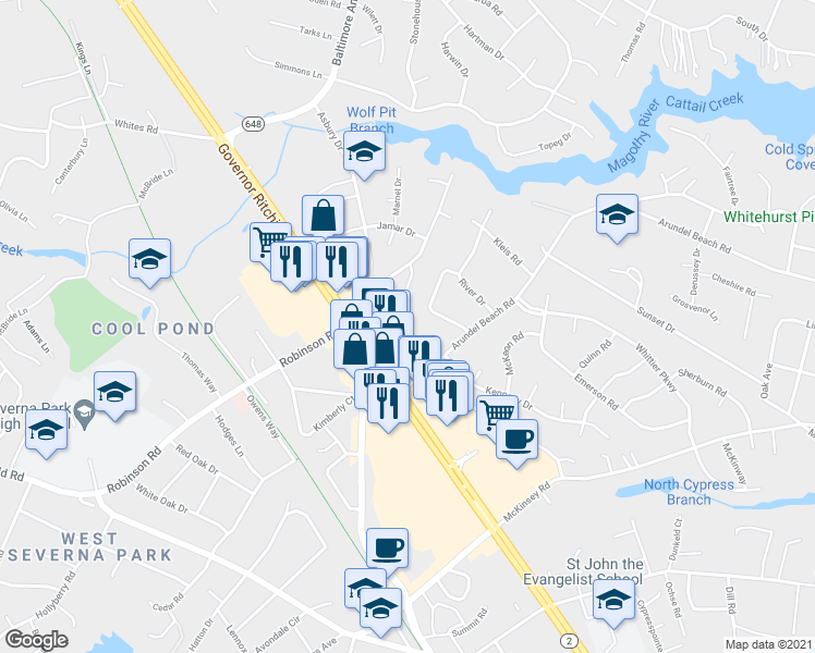 map of restaurants, bars, coffee shops, grocery stores, and more near 511 Leelyn Drive in Severna Park