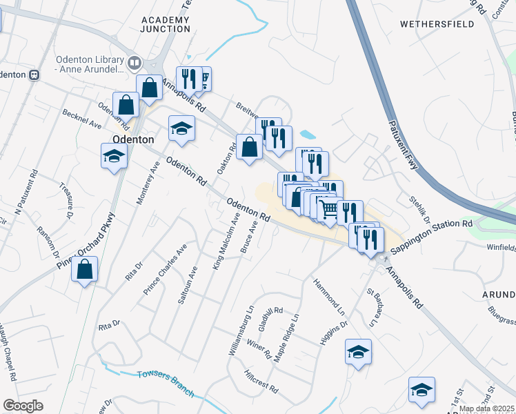 map of restaurants, bars, coffee shops, grocery stores, and more near 1208 Odenton Road in Odenton