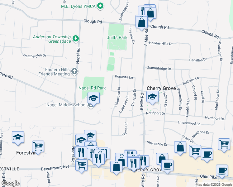 map of restaurants, bars, coffee shops, grocery stores, and more near 8210 Riovista Drive in Cincinnati