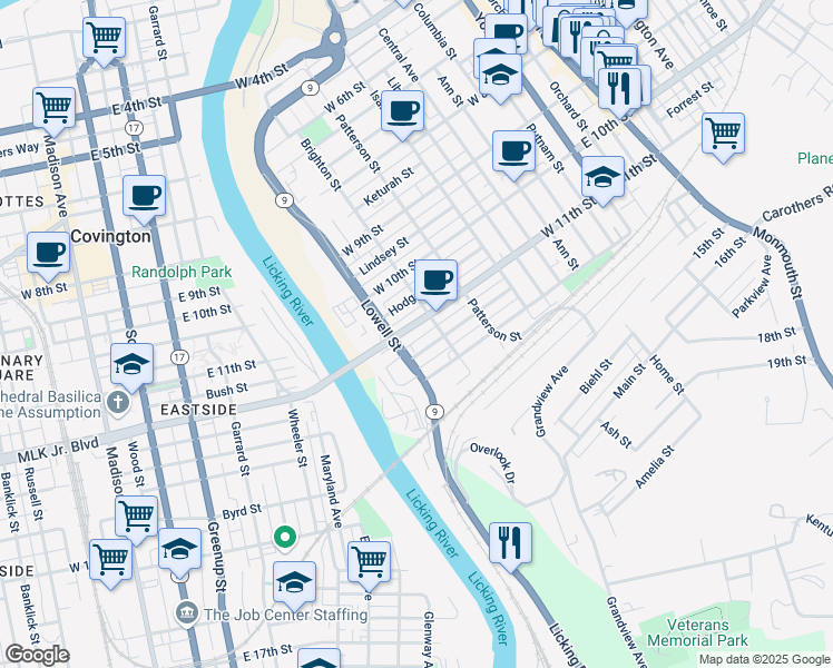 map of restaurants, bars, coffee shops, grocery stores, and more near 1102 Brighton Street in Newport