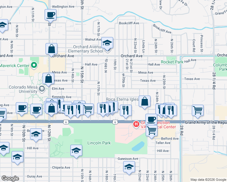 map of restaurants, bars, coffee shops, grocery stores, and more near 1903 Elm Avenue in Grand Junction