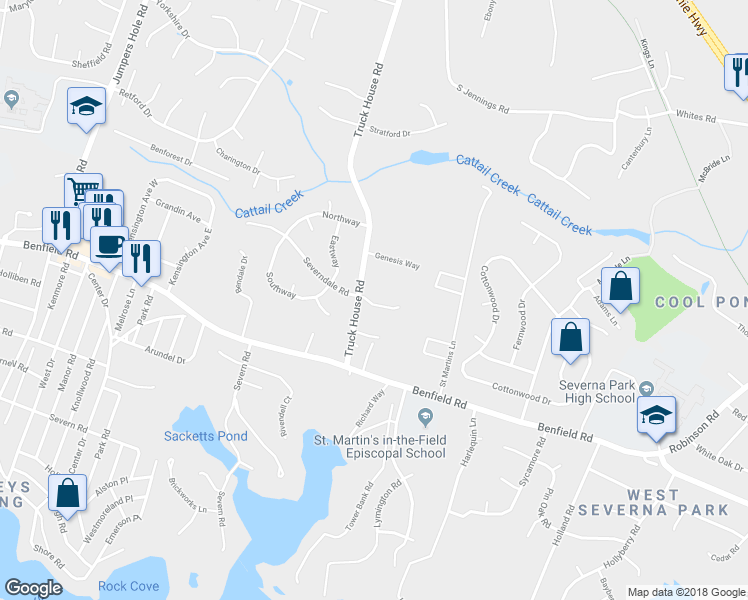 map of restaurants, bars, coffee shops, grocery stores, and more near 406 Colleen Garden Lane in Severna Park