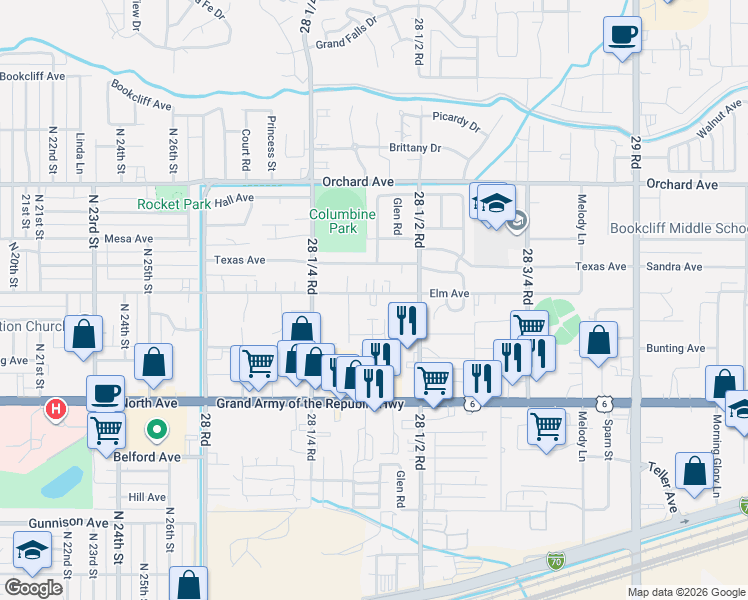 map of restaurants, bars, coffee shops, grocery stores, and more near 2838 Elm Avenue in Grand Junction