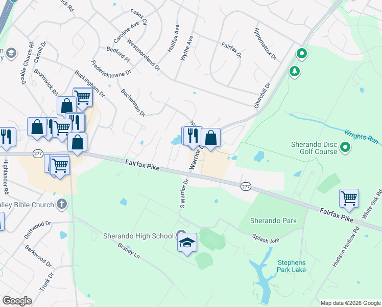 map of restaurants, bars, coffee shops, grocery stores, and more near 161 Warrior Drive in Stephens City