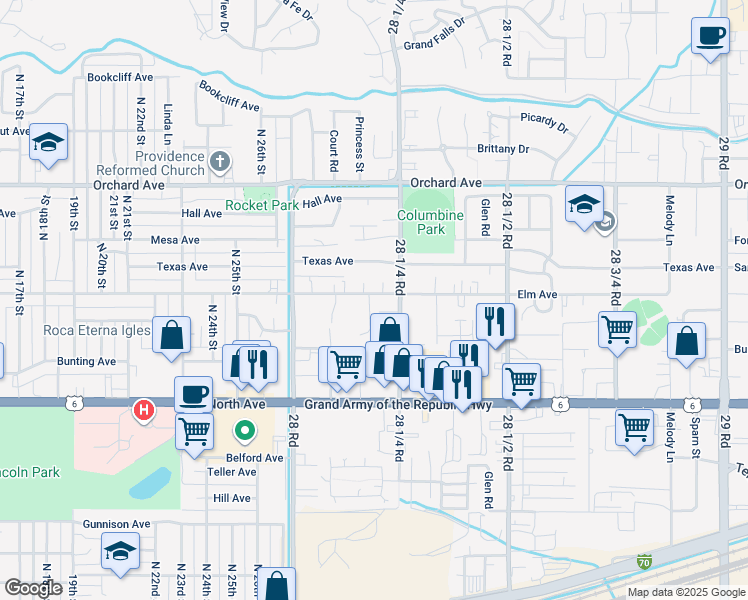 map of restaurants, bars, coffee shops, grocery stores, and more near 2824 Elm Avenue in Grand Junction