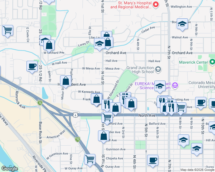 map of restaurants, bars, coffee shops, grocery stores, and more near 121-141 Elm Avenue in Grand Junction