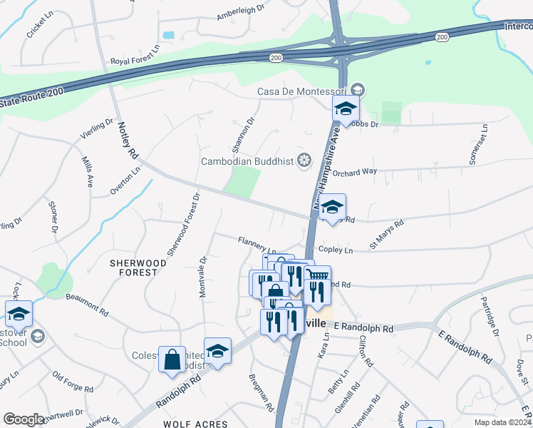map of restaurants, bars, coffee shops, grocery stores, and more near 13724 Notley Road in Silver Spring
