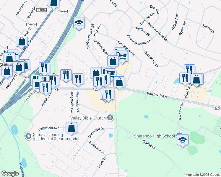 map of restaurants, bars, coffee shops, grocery stores, and more near 380 Fairfax Pike in Stephens City