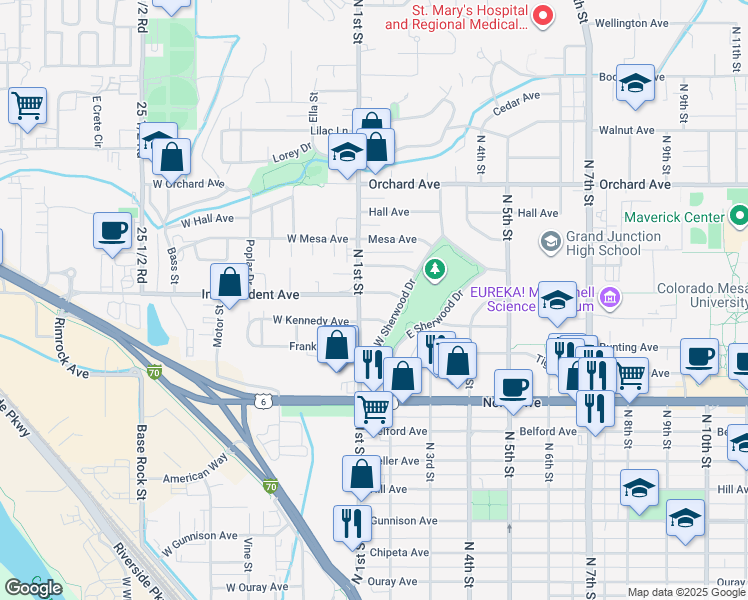 map of restaurants, bars, coffee shops, grocery stores, and more near 121 Elm Avenue in Grand Junction