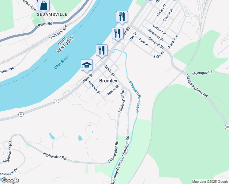 map of restaurants, bars, coffee shops, grocery stores, and more near 201 Moore Street in Bromley