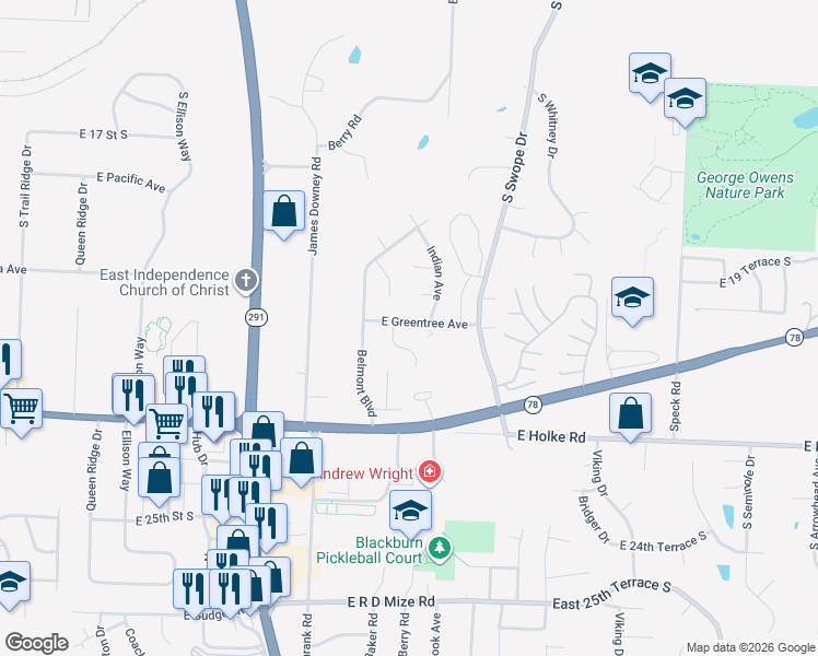 map of restaurants, bars, coffee shops, grocery stores, and more near 17820 East Greentree Avenue in Independence