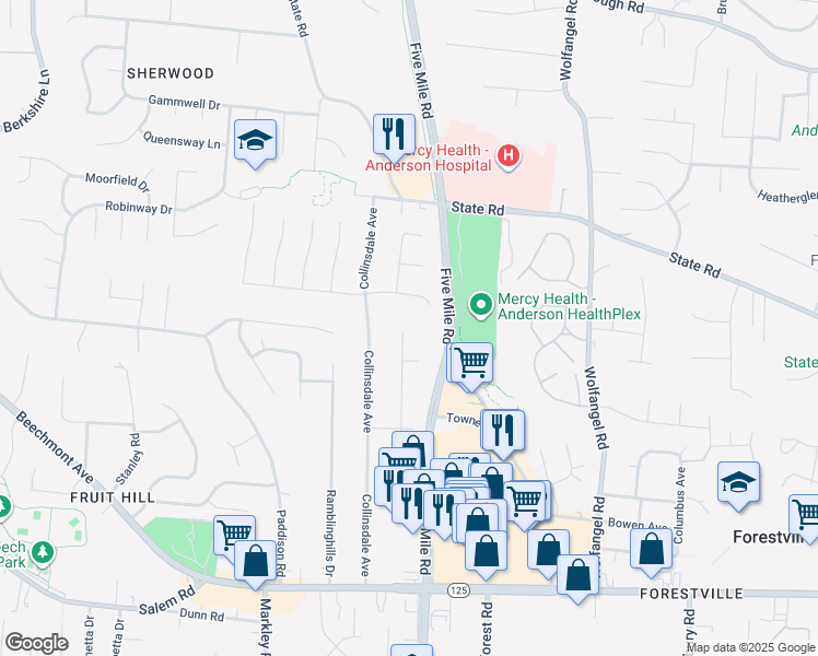 map of restaurants, bars, coffee shops, grocery stores, and more near 1586 Blueorchard Drive in Cincinnati
