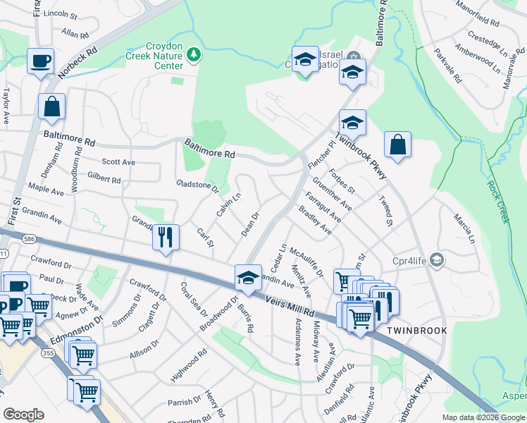 map of restaurants, bars, coffee shops, grocery stores, and more near 337 Dean Drive in Rockville