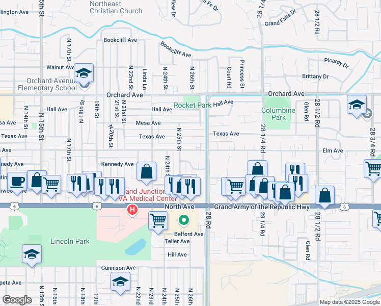 map of restaurants, bars, coffee shops, grocery stores, and more near 2533 Elm Avenue in Grand Junction