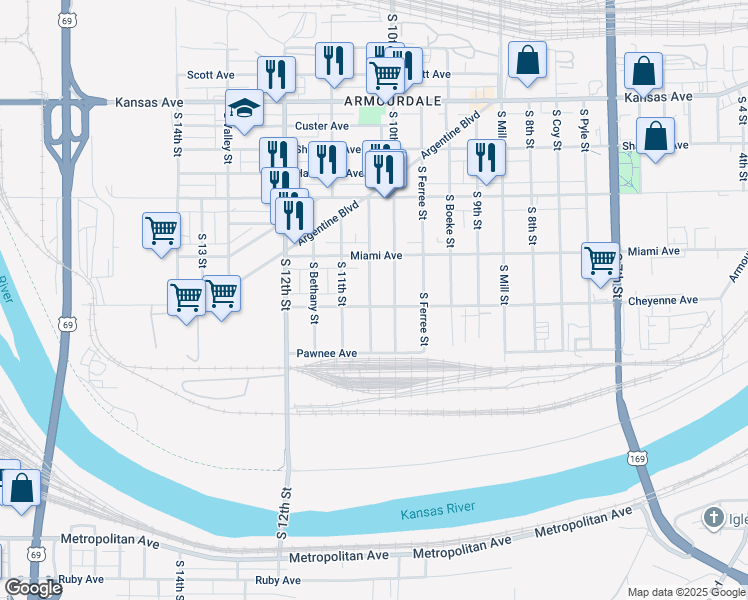 map of restaurants, bars, coffee shops, grocery stores, and more near 1018 Cheyenne Avenue in Kansas City