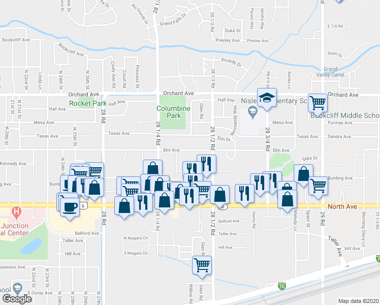 map of restaurants, bars, coffee shops, grocery stores, and more near 2838 Elm Avenue in Grand Junction