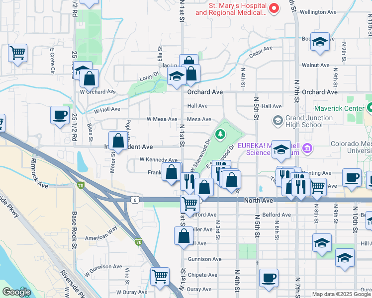map of restaurants, bars, coffee shops, grocery stores, and more near 121-141 Elm Avenue in Grand Junction