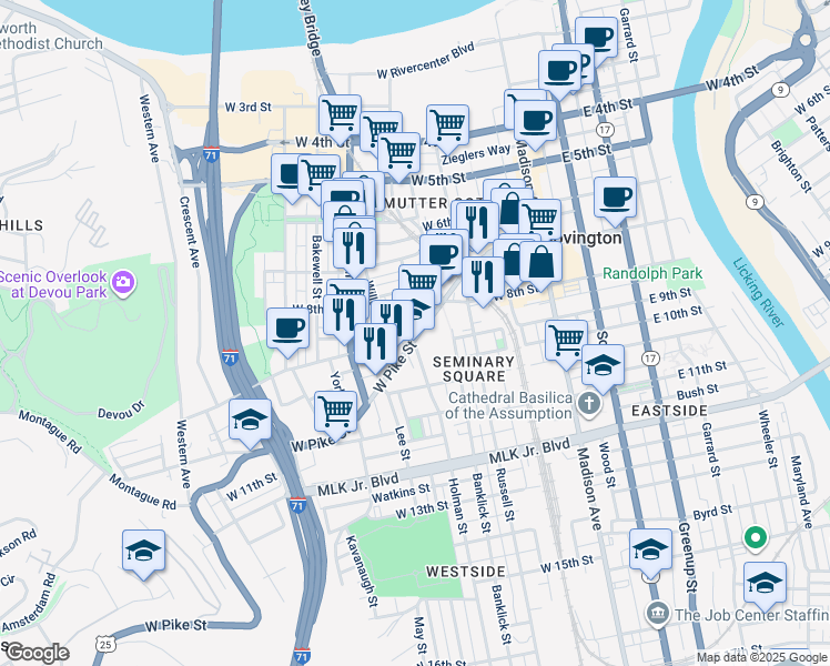 map of restaurants, bars, coffee shops, grocery stores, and more near 257 West Pike Street in Covington
