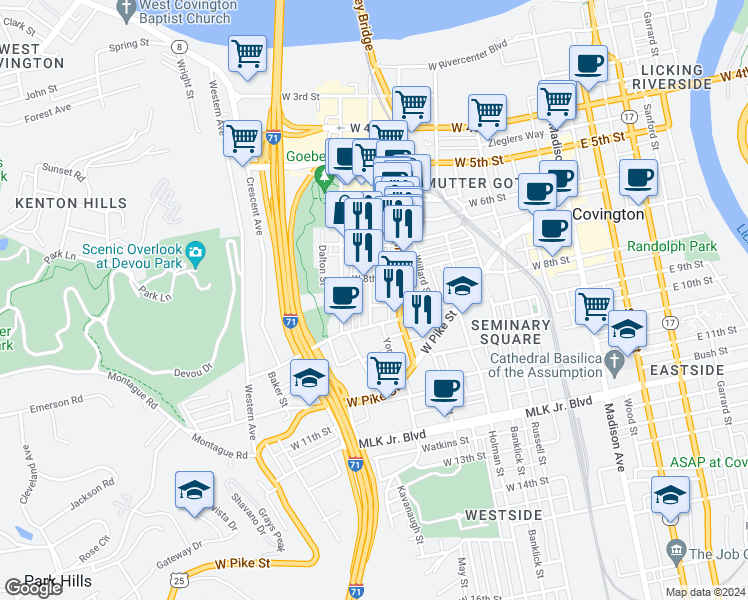 map of restaurants, bars, coffee shops, grocery stores, and more near 813 Bakewell Street in Covington
