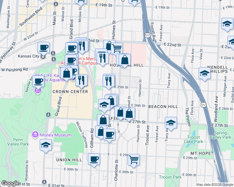 map of restaurants, bars, coffee shops, grocery stores, and more near 2514 Charlotte Street in Kansas City