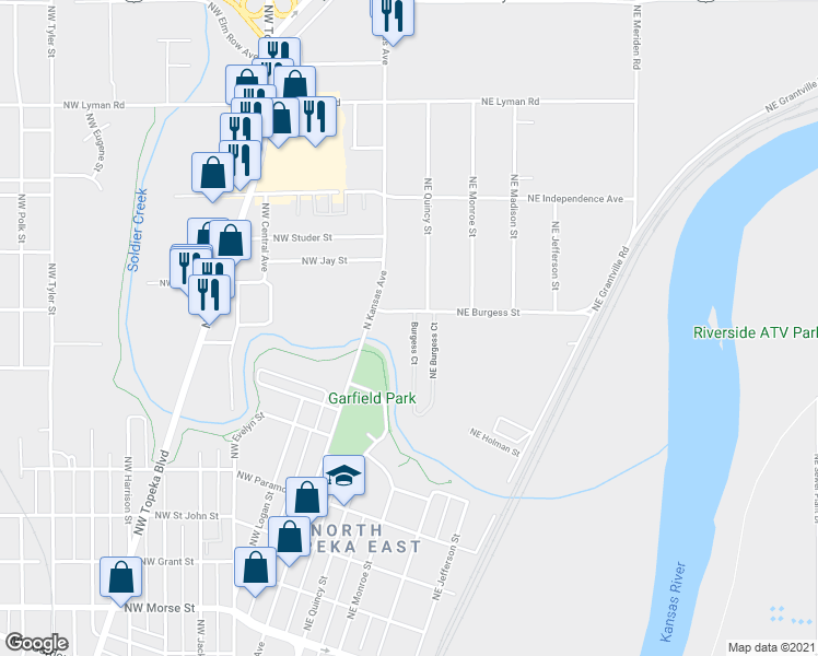 map of restaurants, bars, coffee shops, grocery stores, and more near 109 Northeast Burgess Street in Topeka
