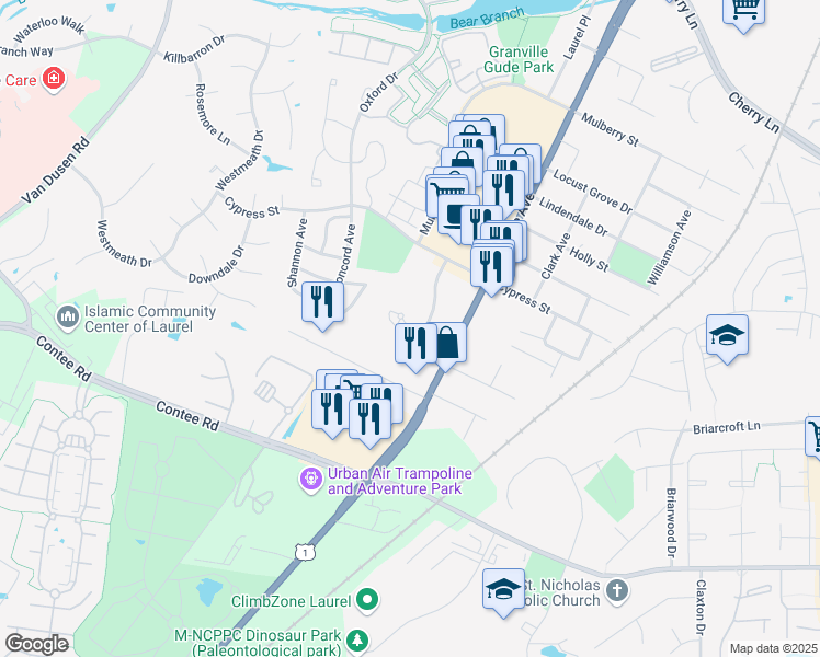 map of restaurants, bars, coffee shops, grocery stores, and more near Laurel Lakes Court in Laurel
