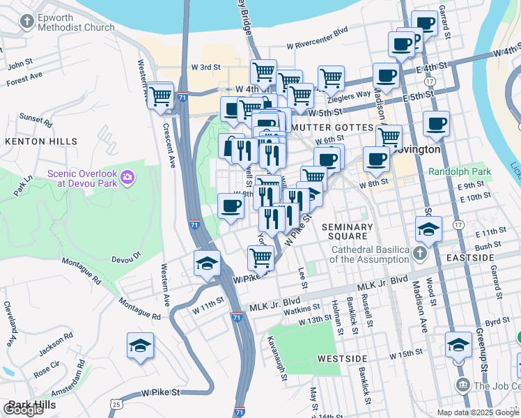 map of restaurants, bars, coffee shops, grocery stores, and more near 410 Emma Street in Covington