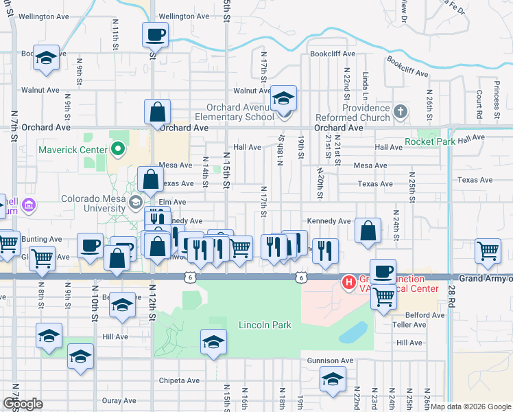 map of restaurants, bars, coffee shops, grocery stores, and more near 1657 Elm Avenue in Grand Junction