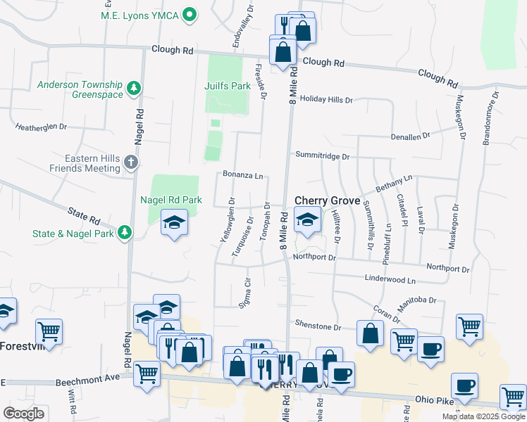 map of restaurants, bars, coffee shops, grocery stores, and more near 8291 Riovista Drive in Cincinnati