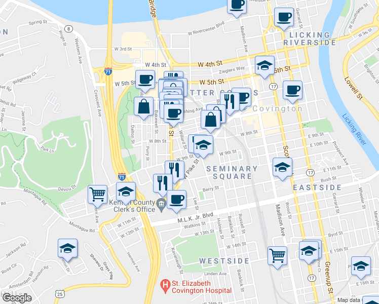 map of restaurants, bars, coffee shops, grocery stores, and more near 832 Willard Street in Covington