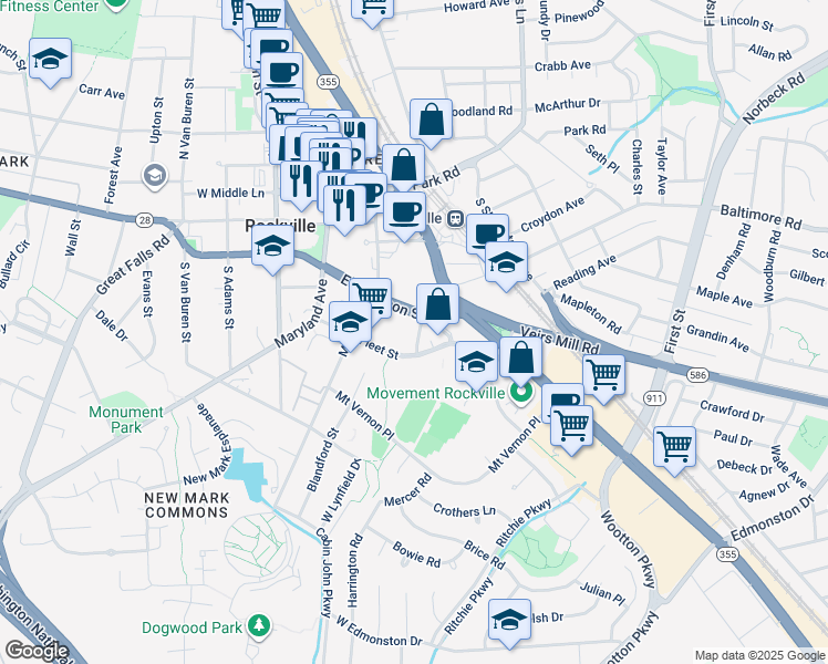map of restaurants, bars, coffee shops, grocery stores, and more near 401 East Jefferson Street in Rockville