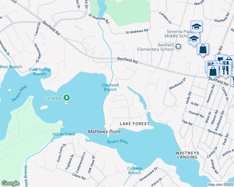map of restaurants, bars, coffee shops, grocery stores, and more near 697 Benfield Road in Severna Park