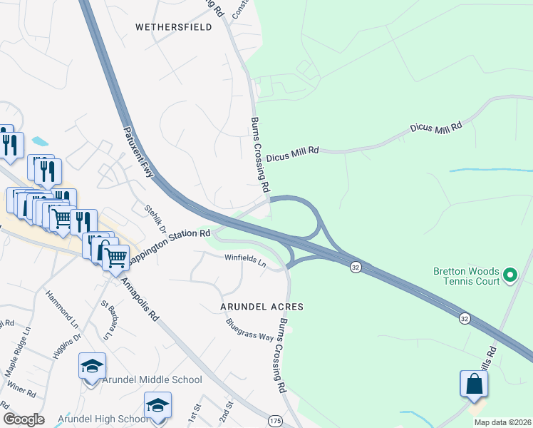 map of restaurants, bars, coffee shops, grocery stores, and more near 438 Burns Crossing Road in Gambrills