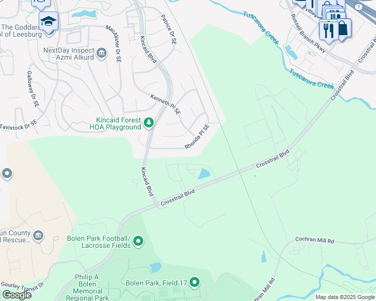 map of restaurants, bars, coffee shops, grocery stores, and more near 901 Rhonda Place Southeast in Leesburg