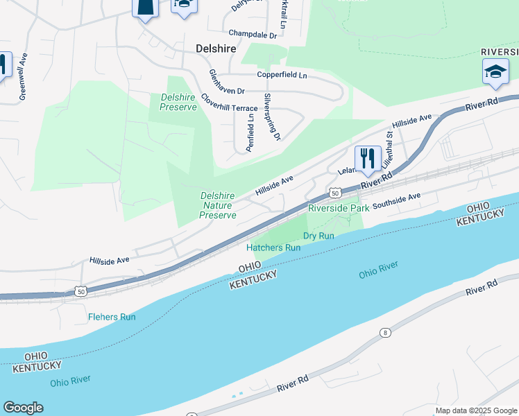 map of restaurants, bars, coffee shops, grocery stores, and more near 3634 Fithian Street in Cincinnati