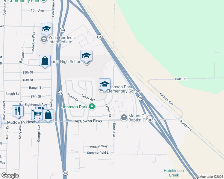 map of restaurants, bars, coffee shops, grocery stores, and more near 4397 Lever Avenue in Olivehurst