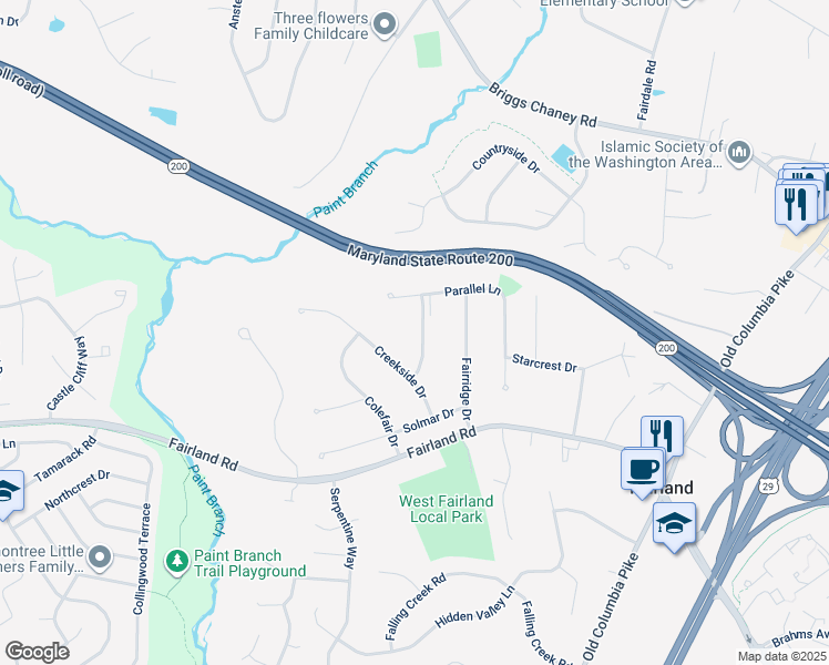 map of restaurants, bars, coffee shops, grocery stores, and more near 13716 Bridgewater Drive in Silver Spring